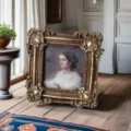 Detail view of a French court style embossed gold resin frame with vintage portrait painting - Outer 12*12CM