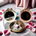 Elegant vintage bow round decorative mirrors with swan ornaments on marble tabletop - Outer Diameter 12.5cm / Pink