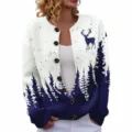Women Christmas Crewneck Cardigan Sweater Deer Tree Print Long Sleeve Knitwear Top - S / Tops / Blue White Gradient