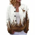 Christmas themed women knitted cardigan with deer and tree patterns, white and brown cozy top. - S / Tops / Brown White Gradient