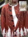 Close-up of red Christmas knit cardigan with white pine tree and snowflake print - S / Tops / Dark Red (25050503)