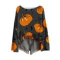 Halloween pompoen print lange mouw trui gecombineerd met denim korte broek voor dames. - S / Tops