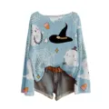 Boot hals lange mouw Halloween trui met schattige geest en heksenhoed 3D print top. - S / Tops