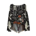 Halloween skelet pompoen print lange mouw trui met denim shorts casual feestelijke outfit - S / Tops