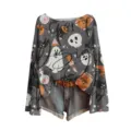 Dames off shoulder lange mouw Halloween spook schedel print trui met denim shorts - S / Tops