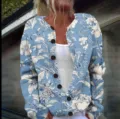 Vintage blue floral print long-sleeve cardigan sweater with round neck and buttons - S / Tops / White Flower Blue Base (ANG250801509BU)