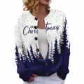 Christmas round neck cardigan sweater with pine tree print and festival text design. - S / Tops / Blue White Gradient