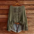 Green floral knit long sleeve boat neck sweater with casual style variant option display. - S / Style 835