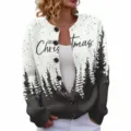 Christmas cardigan sweater for women round neck knit long sleeve festive tree print top - S / Tops / Black and White Gradient