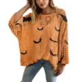 Oversized πορτοκαλί πλεκτό πουλόβερ με μαύρα σχέδια νυχτερίδας για το Halloween γιορτή - S / Halloween Νυχτερίδα Τυπωμένο Top (XY-LK02)
