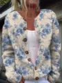 Vintage floral print knit cardigan sweater with round neck and wooden buttons - S / Tops / Off-White Base Blue Floral (202605164)