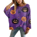 Μωβ πλεκτό πουλόβερ Halloween με σχέδια κολοκύθας και αράχνης για γυναίκες, δαντελωτό - S / Halloween Κολοκύθα Τυπωμένο Κορυφή (XY-LK03)
