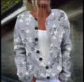 Elegant vintage light blue floral print long sleeve cardigan sweater with round neck - S / Tops / Grey Blue Print (ANG250801511)