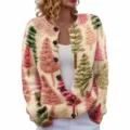 Gilet femme à col rond avec impression numérique 3D d'arbres de Noël en maille beige - S / Hauts / Imprimé de Noël (YK03)