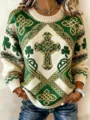 Vintage St. Patrick's Day green knit sweater for women featuring Celtic cross and shamrock - S / Tops / Celtic Knot Patchwork (KIR772250)