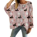 Womens pink hollow-out pullover sweater with Halloween ghost and witch hat print pattern - S / Tops / Pink Ghost Pattern (LXK-TTLK1-1)