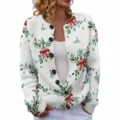 Festive white Christmas knit cardigan featuring holly berries and red bow 3D digital prints - Christmas Print (YK05)