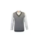 Unisex grey cable-knit V-neck sweater vest with striped trim details for casual wear - S / Tops / Silver Gray
