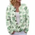 St. Patrick's Day women's round neck knit cardigan with green clover and plaid print - S / Tops / Checkerboard Clover (LXK-SPYK01)