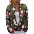 Festive Christmas 3D digital print cardigan sweater with Santa and snowman motifs. - Christmas Print (YK06)