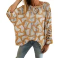 Women's hollow out pullover sweater featuring cute white ghost pattern in khaki knit - S / Tops / Ginger Yellow Ghost Pattern (LXK-TTLK1-2)