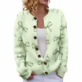 Casual light green crew neck knit cardigan featuring overall green bow pattern prints - S / Tops / Light Green Bow (LXK-SPYK02)