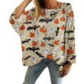 Women's oversized hollow-out knit sweater with 3D Halloween pumpkin and bat prints - S / Tops / Rice White Ghost Pattern (LXK-TTLK1-3)