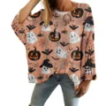 Oversized hollow knit pullover sweater featuring Halloween pumpkin and ghost 3D print - S / Tops / Orange Pink Ghost Pattern (LXK-TTLK1-4)