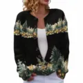 Elegant women's black knit cardigan with festive 3D Christmas tree digital print design - Black Christmas Tree Print (YK09)