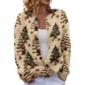 Festive women's Christmas tree print cardigan with round neck and 3D digital pattern - Beige Christmas Tree Print (YK10)
