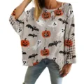 Oversized hollow-out Halloween crochet sweater with orange pumpkin and black bat prints - S / Tops / Off-White Halloween Print (LXK-TTLK1-5)