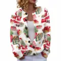 Festive women's white Christmas cardigan with 3D digital Santa and gift box prints. - Christmas Print (YK11)