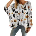 Women's white hollow-out knit pullover sweater with all-over 3D Halloween prints - S / Tops / White Halloween Print (LXK-TTLK2-1)