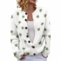 St. Patrick's Day white knitted cardigan sweater with green four-leaf clover pattern - White with Green Clover (LXK-SPYK06)