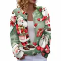 Festive Christmas green knit cardigan with vibrant 3D Santa Claus and gift patterns - Christmas Print (YK12)