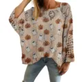 Women's oversized beige hollow knit sweater featuring Halloween pumpkin and ghost 3D prints - S / Tops / Beige Ghost & Pumpkin Pattern (LXK-TTLK2-2)