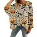 Womens Halloween hollow out knit pullover sweater featuring pumpkin and bat 3D prints - S / Tops / Light Yellow Pumpkin & Bat Pattern (LXK-TTLK2-3)
