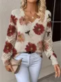 Detail shot of V-neck floral knit sweater with elegant bohemian hollow-out sleeves - S / Top (VT1) / Off-white with Red Pink Yellow Flowers