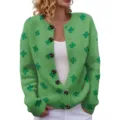 Vibrant green St. Patrick's Day knit cardigan with dark green clover patterns. - Bright Green Clover (LXK-SPYK09)
