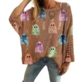 Brown hollow-out crochet sweater featuring colorful cartoon ghost prints for women - S / Tops / Brown Colorful Ghost Print (LXK-TTLK2-4)