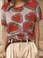 Jersey de punto de manga corta vintage con un llamativo motivo de corazón rojo chic - S / Tops / Jacquard de Corazón Avena (QZDX01)