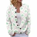 Women's St. Patrick's Day white cardigan with green shamrock and pink bow knit pattern - White Clover & Pink Bow (LXK-SPYK10)
