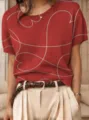 Jersey de punto rojo de manga corta vintage con motivo jacquard de corazón para mujer - S / Tops / Jacquard de Línea Blanca Rojo Oscuro (QZDX02)