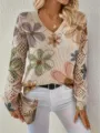 Macro view of bohemian floral print knit sweater with elegant V-neck and mesh sleeves - S / Top (VT2) / Beige with Green Yellow Blue Pink Flowers