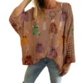 Oversized hollow knit pullover sweater with colorful ghost prints for Halloween style - S / Tops / Khaki Ghost Pattern (LXK-TTLK3-1)