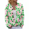 St. Patrick's Day white round neck knit cardigan with green and pink clover pattern print - Pink and Green Clover on White (LXK-SPYK12)
