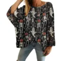 Women's black hollow out knitted sweater with 3D Halloween pumpkin skeleton print - S / Tops / Black Pumpkin Ghost Pattern (LXK-TTLK3-2)