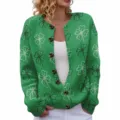Casual green St. Patrick's Day knit cardigan featuring white and black shamrock patterns - Green Line Clover (LXK-SPYK14)