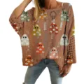 Women's oversized hollow-out crochet sweater featuring colorful ghost print motifs - S / Tops / Brown Floral Ghost Pattern (LXK-TTLK3-3)