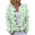 Women's light green St. Patrick's Day shamrock knit cardigan with black buttons - Mint Green Clover (LXK-SPYK15)